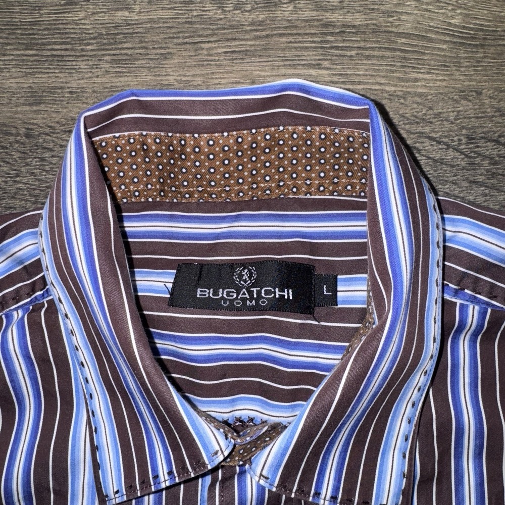 Bugatchi Uomo Mens Shirt Button Up Brown Striped Classic Fit Long Sleeve Sz L - Picture 8 of 11